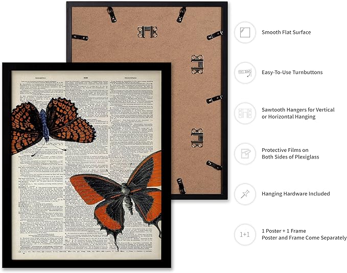 Poster Master Dictionary Art Poster - Butterflies Print - Moth Art - Butterfly Art - Insect Art - Gift for Men, Women & Animal Lover - Chic Decor for Living Room or Bedroom, 8x10 Black Framed