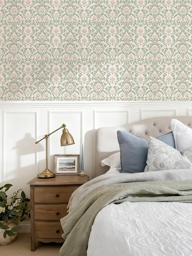 YXTII 590.5" × 17.3" Floral Wallpaper Peel and Stick Pink and Green Wallpaper