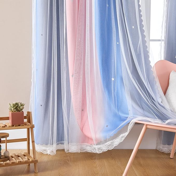 XiDi Curtains for Bedroom Decor, Rainbow PinkGreyBlue-52-54