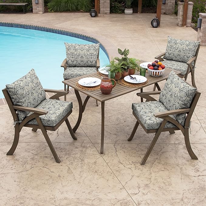 Arden Outdoor Dining Chair Cushion, 21 x 21, Rain-Proof, Fade Resistant 21 x 21, Neutral Aurora Damask