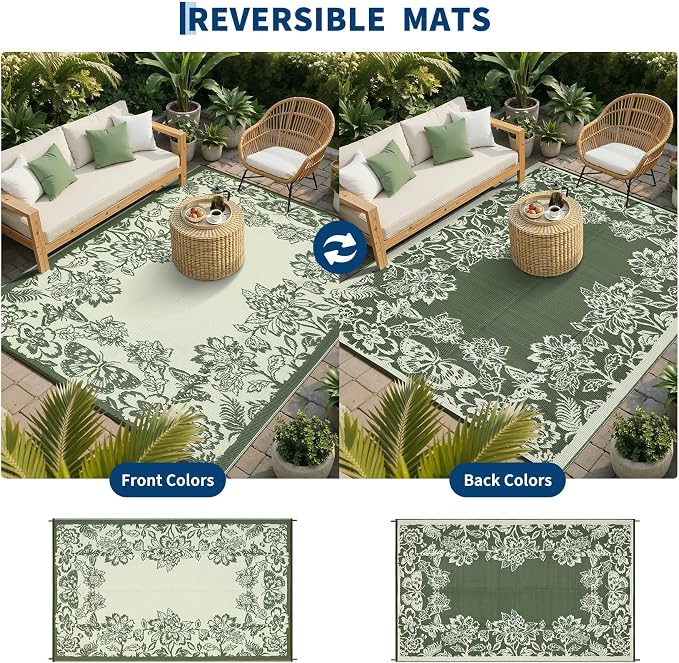 Garvee 5’x8’ Waterproof Patio Outdoor Rug, Outdoor Plastic Straw Rug for Camping, RV Mat Outside, Indoor Outdoor Carpet for Porch, Deck, Backyard, Balcony, Picnic, Ssage Green & White