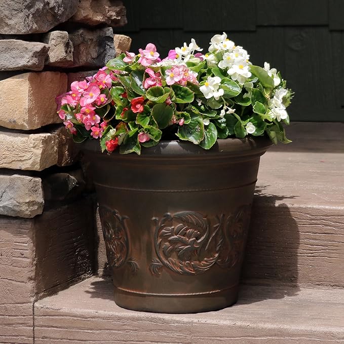 Sunnydaze 16-Inch Arabella Large Plastic Pot for Plants - Outdoor Double-Walled Polyresin Large Plastic Planter with Drillable Drainage Holes - Rust - 4-Pack