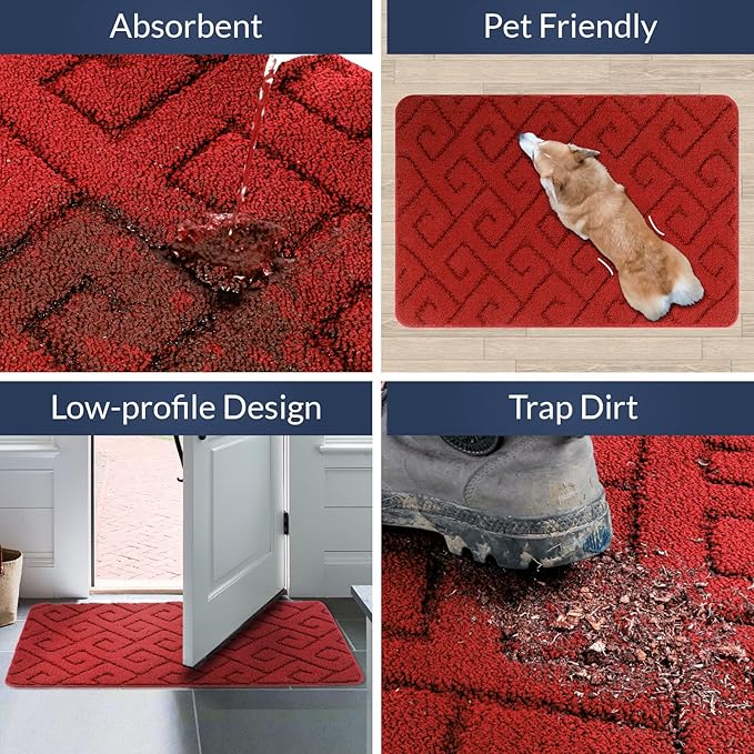 Walensee Indoor Doormat, Front Door Mat for Entrance (20"x32" Red) Machine Washable Entryway Rug, Non Slip Trapper Door Rugs Absorbent Dirt Low Profile Shoes Scraper Inside Floor Mats for Entry