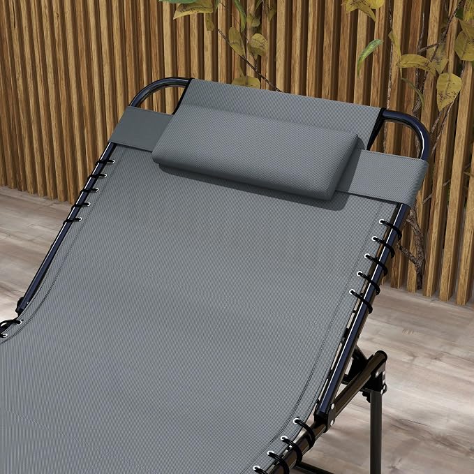 Outsunny 2 Piece Folding Chaise Lounge with 5-Level Reclining Back, Tanning Chair with Face Hole, Outdoor Lounge Chair with Side Pocket & Headrest for Beach, Yard, Patio, Gray