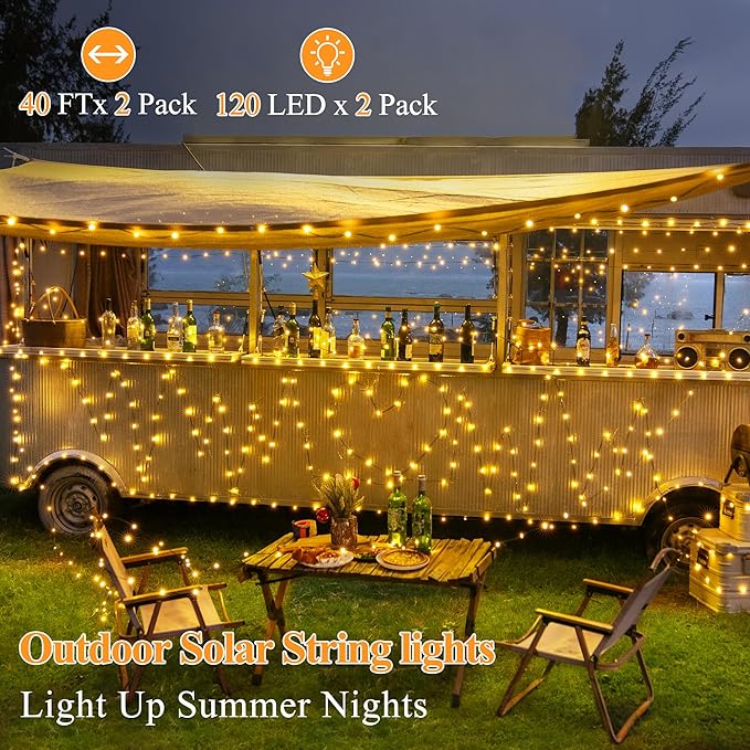 2 Pack Solar String Lights Total 240LED 80FT, IP67 Waterproof String Lights for Outside with 8 Modes, Upgraded Solar Panel Fairy Lights for Garden Party Wedding Decorations (Warm White)