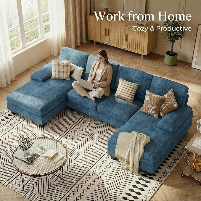 Homall Modular Sectional U Shaped Sofa Couches for Living Room, Comfy Chenille 4 Seat Sofa Set with Removable Pillows, Lounge Chaise Upholstered Couch for Apartment (Chenille, Light Blue)