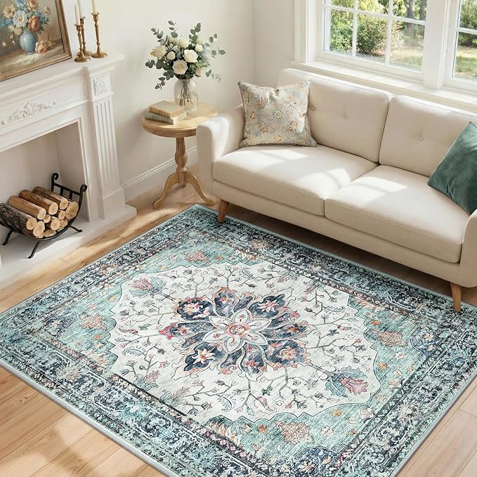 Area Rugs 4'x6' Washable Non-Slip, Floral Vintage Distress Print Pattern Medallion Carpet for Living Room Bedroom Dining Room, Green Navy Blue White Red Teal Colorful