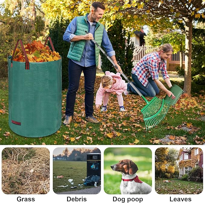 Adjustable Metal Leaf Rake Set – 25 Tines, 38-73" Handle, 19" Wide with 2 Pack 32-Gallon Leaf Bags & Scoops – Heavy Duty Garden Rake for Lawns, Shrubs, Grass, Flower Beds & Outdoor Use