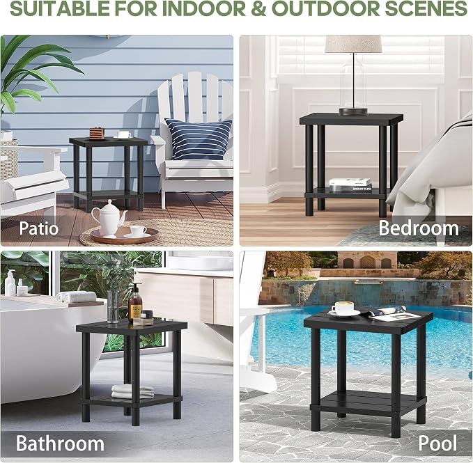LEJANEOYE Outdoor Side Table, 2-Tier Small Outdoor Table for Patio, Adirondack Side Tables for Outside or Indoor, Bamboo End Table for Pool, Porch, Weather Resistant Easy Maintenance-Black