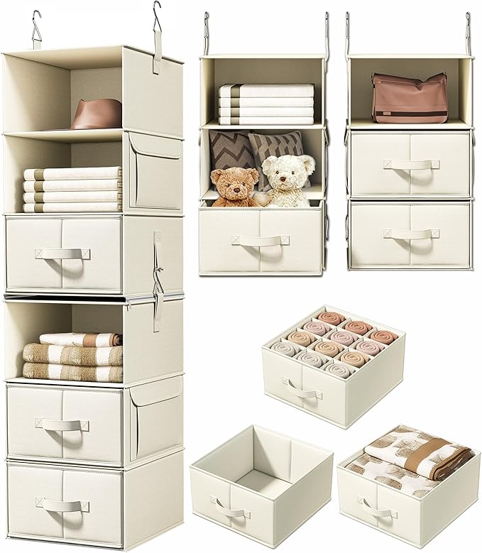 Vailando 6-Shelf Hanging Closet Organizer with 3 Drawers, 2 Separable 3-Shelf Closet Organizers and Storage for Wardrobe Organization, Hanging Dresser for Nursury & Dorm Clothes Organizer, Beige
