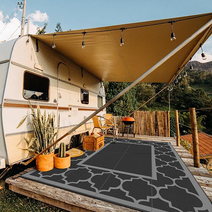 GENIMO 10 ' x 14 ' Outdoor Rug Waterproof for Patio Decor, Foldable Reversible Plastic Straw Area Rugs Mat for Camper, Outside Carpet for Rv, Deck, Porch, Picnic, Beach, Balcony, Black & Grey