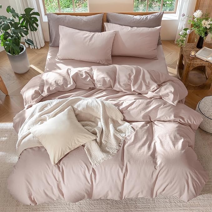 MooMee Bedding Duvet Cover Set 100% Washed Cotton Linen Like Textured Breathable Durable Soft Comfy (Heathered Greyish Pink, Full 80"x90")