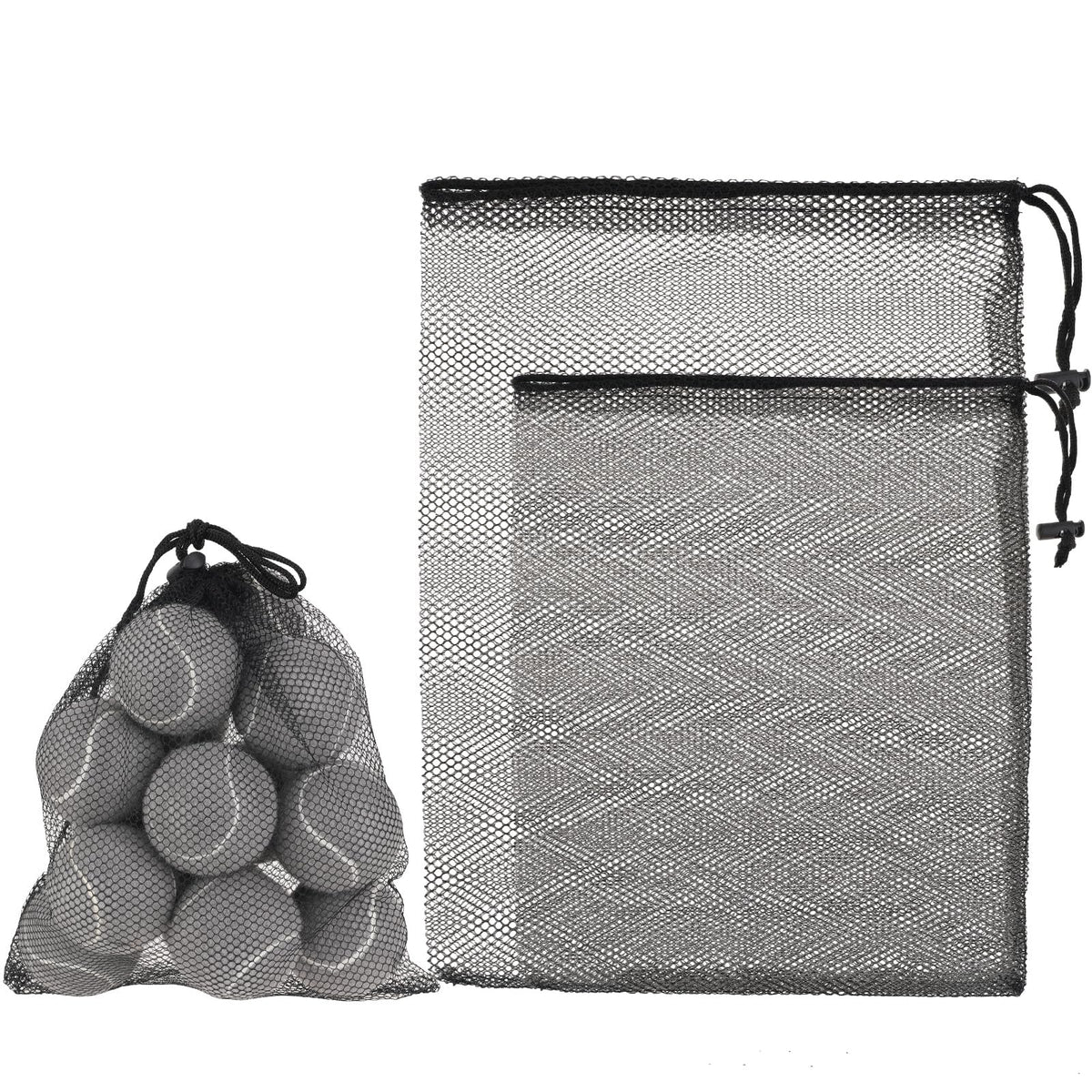 Thinp 2 Pcs Golf Ball Mesh Bag With Drawstring - Nylon Bag for Pool Toys, Tennis Balls (2 Sizes, Black)