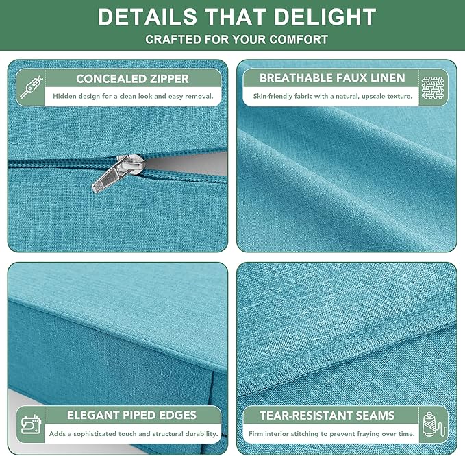 Summsun Faux Linen Outdoor Chair Cushions, Water Resistant Backrest and Deep Seat Cushion Set with Removable Cover, Straps, Non-Slip Bottom for Patio Furniture, 24 x 24 Inch, Teal, Set of 2