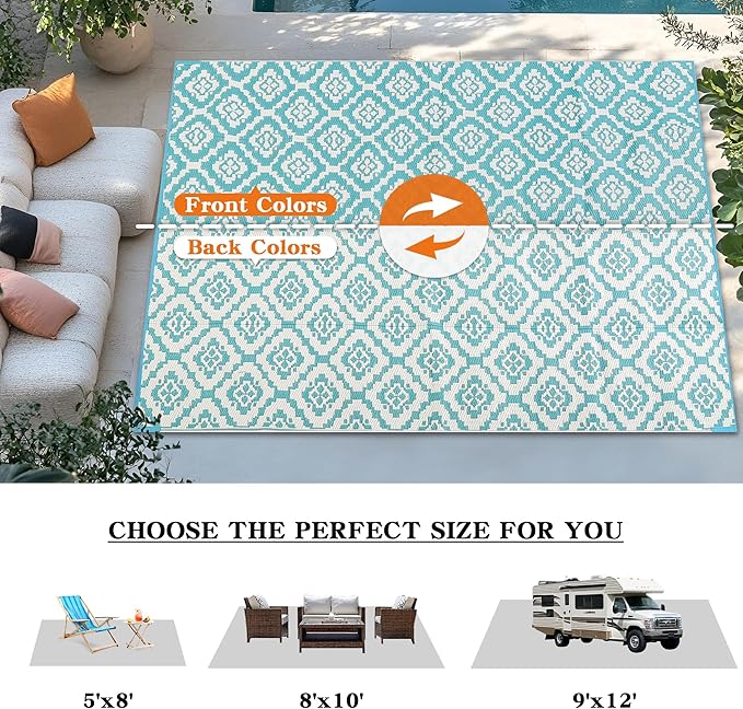 Wallona Outdoor Rugs 9x12 ft Patio Waterproof Clearance Indoor Outdoor Large Carpet for Patio Plastic Straw Reversible Area Rugs Mat for RV, Camping, Balcony, Beach, Picnic, Porch, Brick Green & White