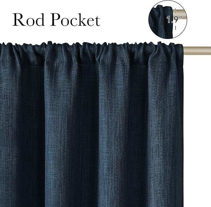 NICETOWN Navy Blue Faux Linen Room Darkening Rod Pocket Curtains 63 inch Length