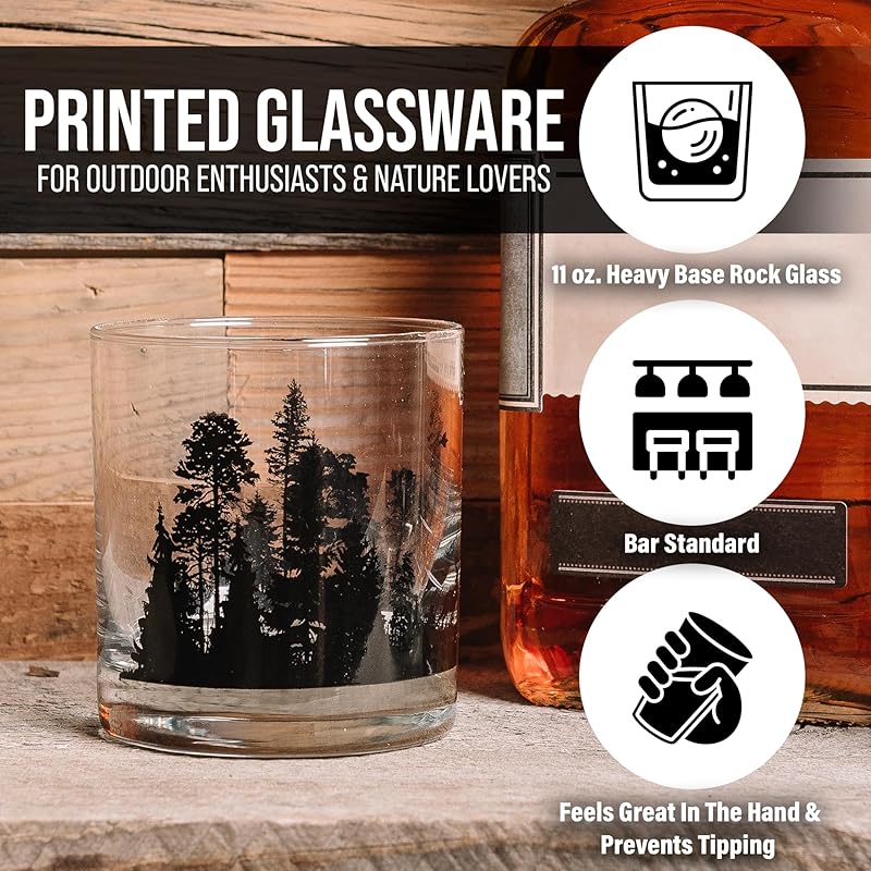 Black Lantern Whiskey Glasses - Set of 2 Old Fashioned Glasses for Whiskey Scotch and Bourbon - Cocktail and Rock Glasses for Nature Lovers - Two Premium 11oz. Glasses (Forest & Clouds)