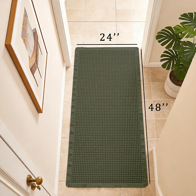 Waffle Bath Mat Non Slip, Boho Runner Rug, Super Absorbent Quick Dry Long Bath Runner Bathroom, Soft Farmhouse Bath Rug with Tassels, Washable Shower Mats for Floor 24"x48", Olive Green