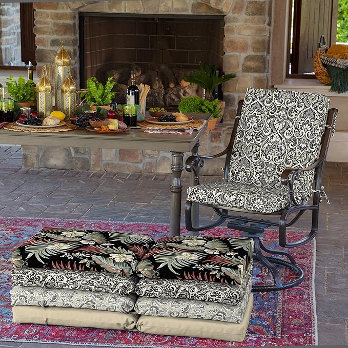 Arden 2-Pack Outdoor Patio Dining Chair Cushion, 20x44, Rain-Proof Seat Pad, Fade-Resistant Outdoor Cushion Black Aurora Damask