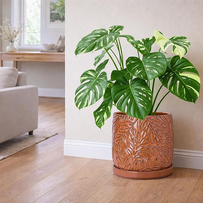 D'vine Dev 10 Inch Embossed Leaves Stoneware Planter Pot with Drainage Hole and Saucer, Pumpkin, 27-A-P-J