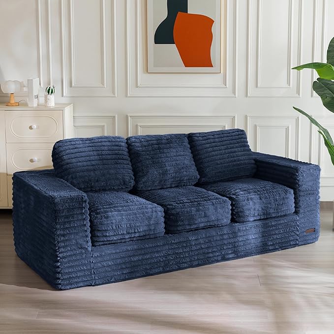 MAXYOYO 3-Seater Boneless Sofa Couch in a Box, Modern Faux Fur Sofa for Living Room, Soft High-Density Foam Couch with Pillows, Fluffy & Supportive Lounge, No Assembly Required, Navy
