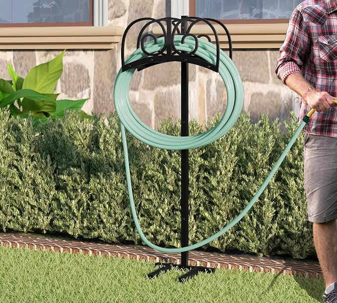 Upgraded Garden Hose Holder Stand with 4 Spikes - Heavy Duty Water Hose Reel, Hose Organizer, Holds 150ft Hose for Outside Yard Lawn, Black