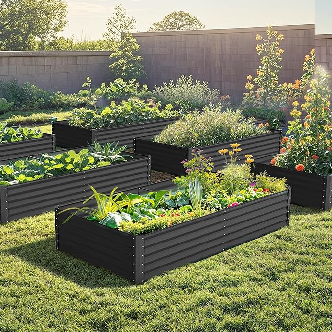 DWVO 2pcs 8 x 4 x 1.5 FT Raised Garden Bed Kit, Outdoor Galvanized Flower Bed with Safety Rubber and Gloves, Large Metal Planter Box for Vegetables, Flowers, Herbs, Fruits, Black