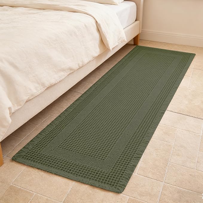 Waffle Runner Rug Non Slip, Boho Bath Mat, Super Absorbent Quick Dry Long Bath Runner Bathroom, Soft Farmhouse Bath Rug with Tassels, Washable Shower Mats for Floor 24"x72", Square Olive Green