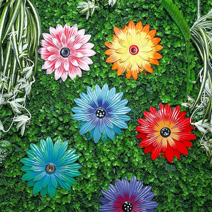 Zhehao 6 Pcs Flower Metal Wall Art Decor 8 Inch Flower Decorations for Indoor Outdoor, Hanging Sunflower Kitchen Decoration Metal Floral for Bathroom,Porch, Garden, Living Room, Yard(Cute Color)