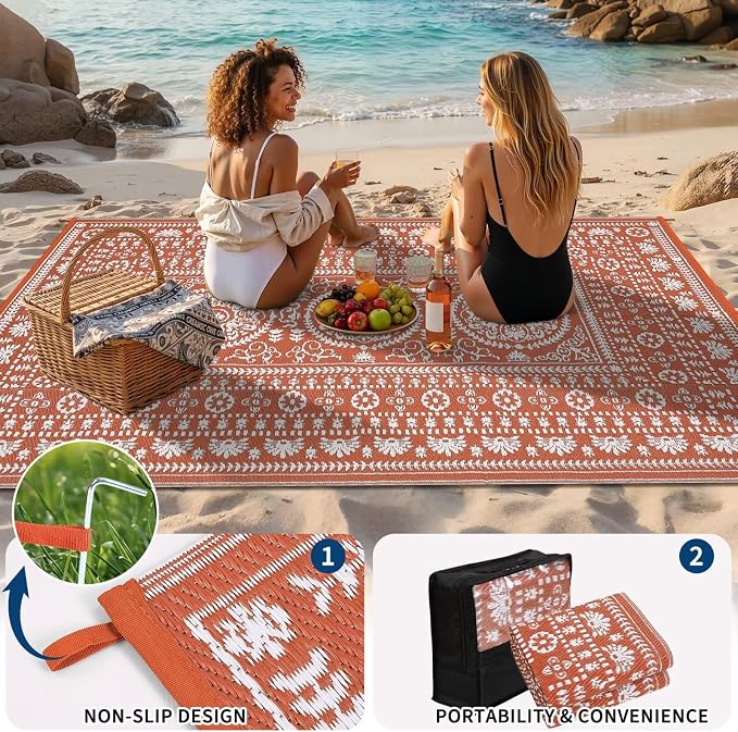 Garvee Reversible Outdoor Rug 6x9 for Patio, Waterproof Outdoor Area Rug, Modern Medallion Indoor Outdoor Rugs, Plastic Straw Rug for RV, Camping, Deck, Vintage Terracotta