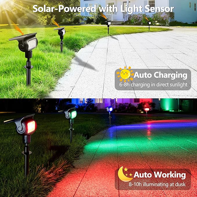 Brizled 4 Pack RGB Solar Spot Lights Outdoor, 360° Rotation 9 Colors & 11 Modes Color Changing Spotlights July 4th Outdoor Landscape Lights Solar Spot Landscaping Pathway Lighting for Path Garden Yard