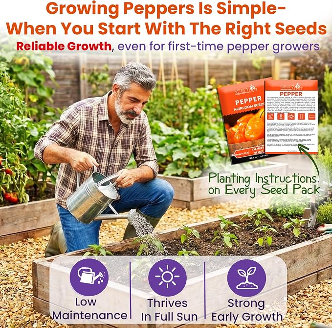 Hot Pepper Seeds for Planting, Cayenne, Hungarian Yellow, Jalapeno, Serrano, Habanero Orange, Heirloom Pepper Seeds Variety Pack, NonGMO, Made in USA