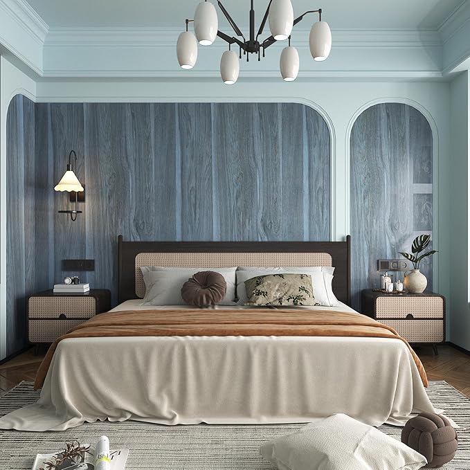 BOMENG Blue Wood Grain Wallpaper Peel and Stick Peacock Contact Paper
