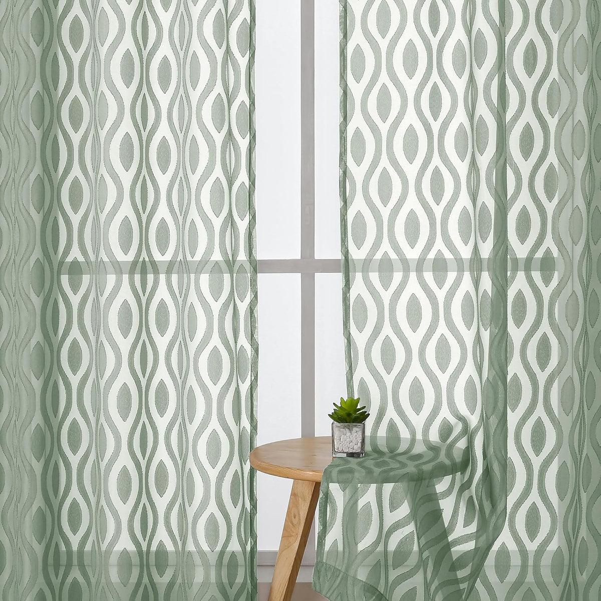 Aiyufeng Green Valance Curtains 14 Inch Length, Chic Wavy Line Clip Jacquard Sheer Curtains for Basement Bathroom Small Curtain, Lightweight Solid Rod Pocket Small Window Curtains, 2 PCS, 40Wx14L Inch