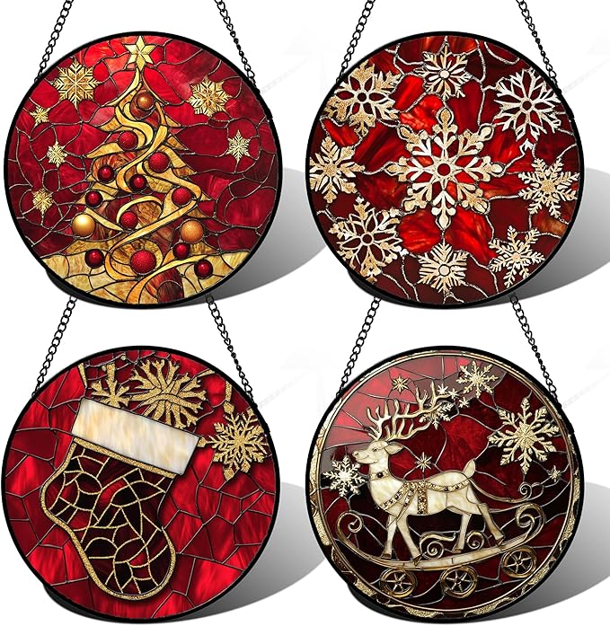 Stained Glass Window Hanging 4 Pcs Set Red Christmas Elk Snowflakes 7.8" - Deer Suncatcher Door Garden Sun Catcher Decor Birthday for Mom Woman Nana Men Friend