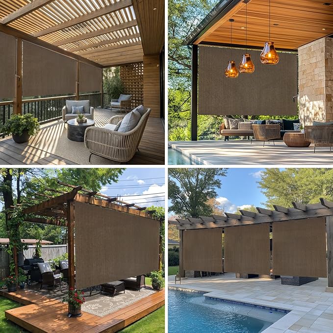 Custom Size Mocha Patio Shades Roll up Outdoor Roller Shade Crank Wand Blind