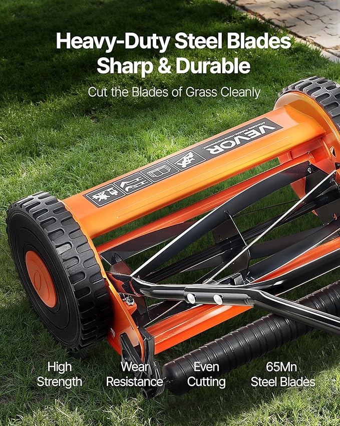 VEVOR Push Reel Lawn Mower 16 inch, 5 Blades Manual Push Mower No Motor, 0.6-1.75 in Adjustable Cutting Height, Walk-Behind Lawn Mowers with Grass Catcher Bag for Green Lawns, Driveways, Courtyards