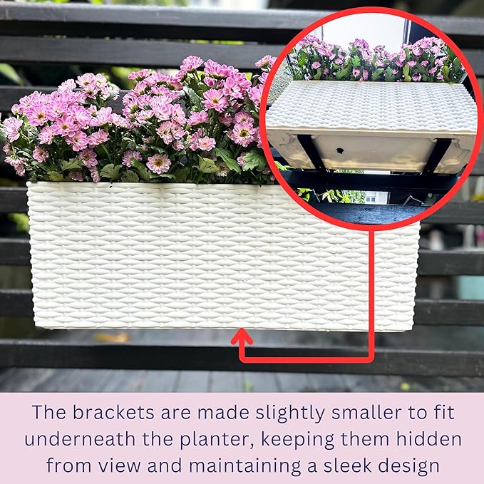 LaLaGreen Deck Railing Planter Box (20 Inch, 4 Pack) White Rectangular Window Flower Boxes with Bracket, Self Watering System Hanging Planter Box for Outdoor Plant Container Herb Rail Fence Balcony