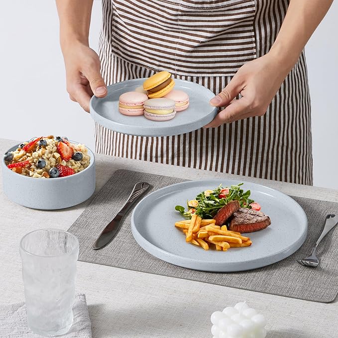 E-far Dinnerware Sets for 6, 18-Piece Stoneware Plates and Bowls Dish Set, Modern Kitchen Dinning Dishware, Chip and Scratch Resistant, Microwave & Dishwasher Safe, Speckled Gray