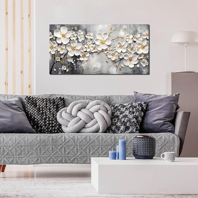 Flower Pictures Wall Art for Bedroom Women - White Canvas Wall Art for Living Room - Girls Room Decor Ready to Hang Size 20" x 40"