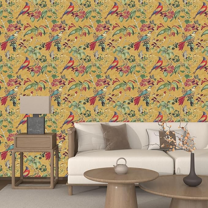 Yellow Boho Wallpaper Peel and Stick, Vintage Floral Bird Contact Paper