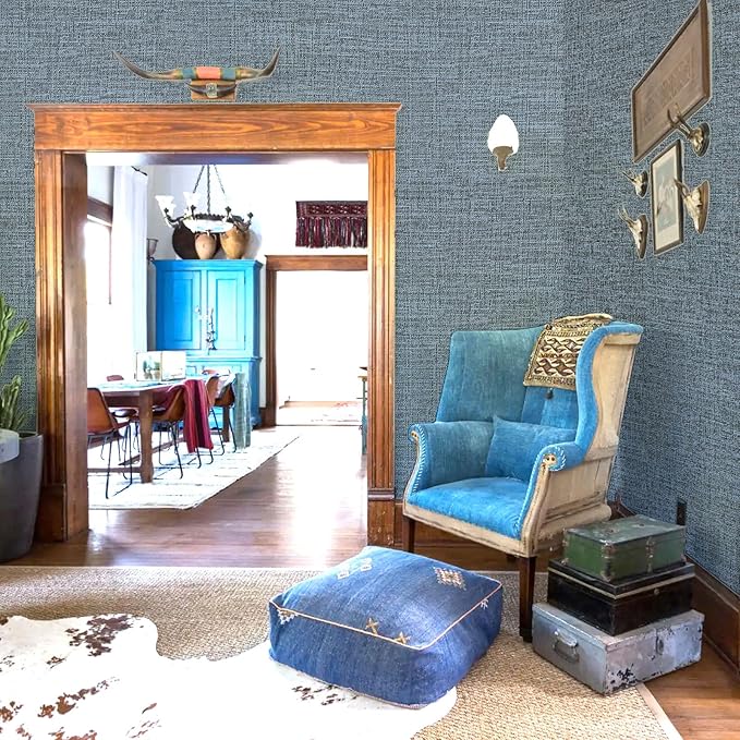 Amiya Grasscloth Wallpaper 17.3"x80" Blue Peel and Stick Faux Fabric Linen