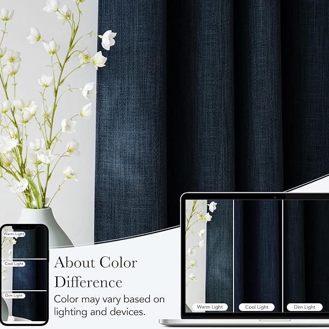 NICETOWN Short Faux Linen Navy Blue Blackout Curtains 63 inches Long