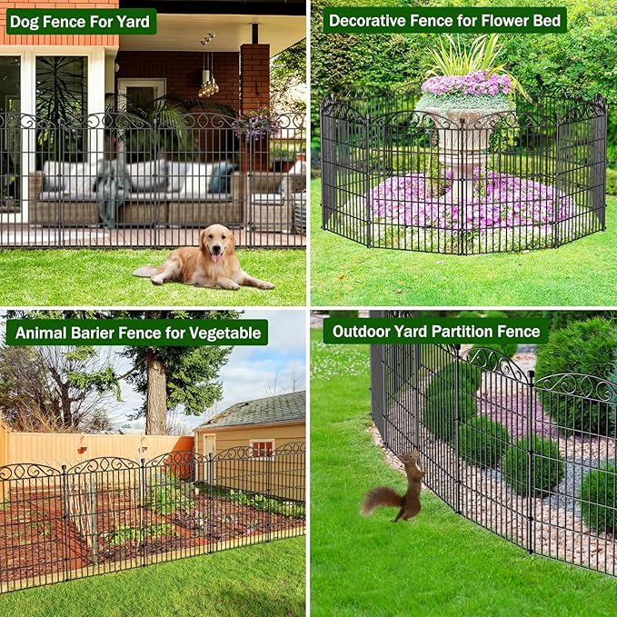 12 Panel Garden Fence - 36in H x 24.1 ft L, No Dig Rustproof Metal Tall Animal Barrier for Dogs Rabbits, Decorative Outdoor Border for Yard, Patio, and Flower Beds