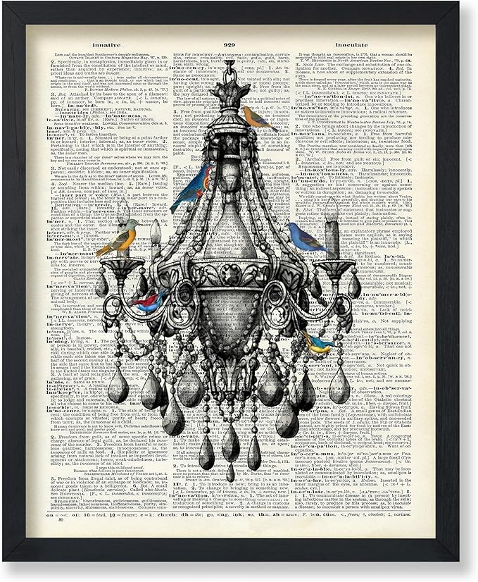 Poster Master Dictionary Art Poster - Antique Chandelier Print - Bird Art - Baroque Art - Gift for Men & Women - Chic Decor for Living Room, Dining Room, Bedroom or Kitchen, 18x24 Unframed Wall Art
