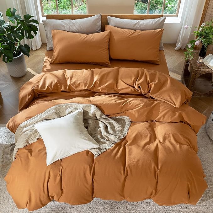 MooMee Bedding Duvet Cover Set 100% Washed Cotton Linen Like Textured Breathable Durable Soft Comfy (Solid Burnt Orange, Super Queen 90"x98")