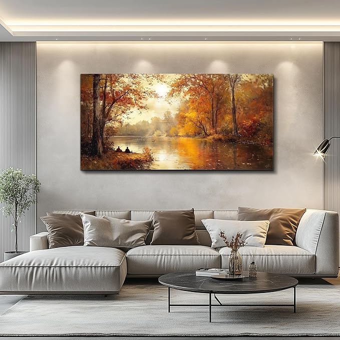 FUHAIHUA Canvas Wall Art For Living Room Large Wall Decor For Bedroom Aesthetics Office Wall Decoration Saffron Yellow Tree Landscape Painting Forest Picture Artwork Ready To Hang Home Decor 24"X48"