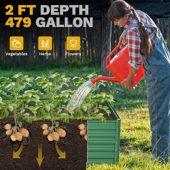 DWVO 2pcs 8 x 4 x 2 FT Raised Garden Bed Kit, Outdoor Galvanized Flower Bed with Safety Rubber and Gloves, Large Metal Planter Box for Vegetables, Flowers, Herbs, Fruits, Green