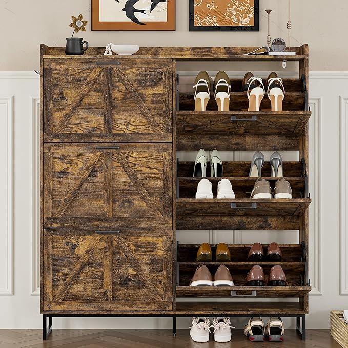 Shoe Cabinet with 6 Flip Drawers Narrow Shoe Storage Cabinet Organizer Wooden Freestanding Shoe Rack Hidden Slim Shoes Storage Cabinet for Entryway, Hallway, Living Room, Bedroom