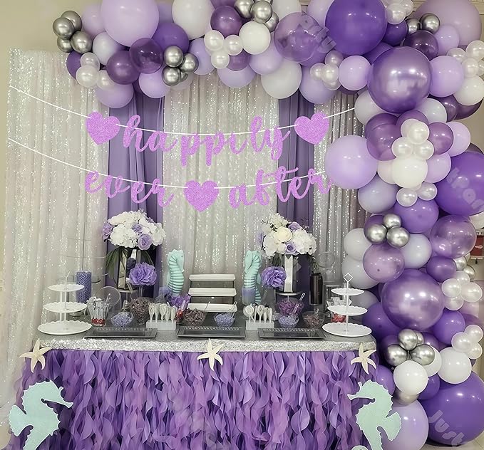 Pre-Strung Happily Ever After Banner - Purple Glitter Bachelorette Bridal Engagement Party Decoration Supplies, Bachelorette Wedding Party Banner for Engagement, Bridal Shower, Wedding Party Photo Booth Props